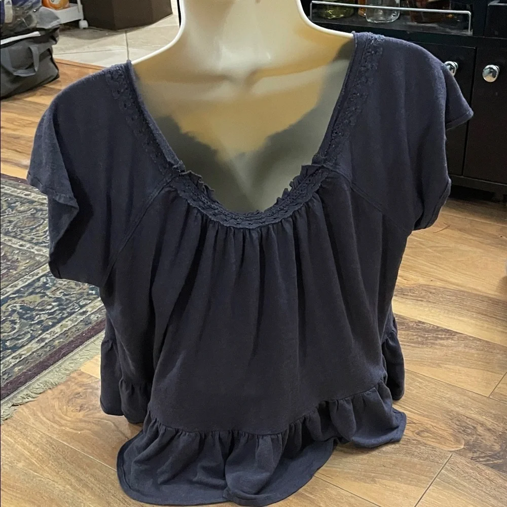 Free People Women's Navy Peasant Blouse Ruffle Top